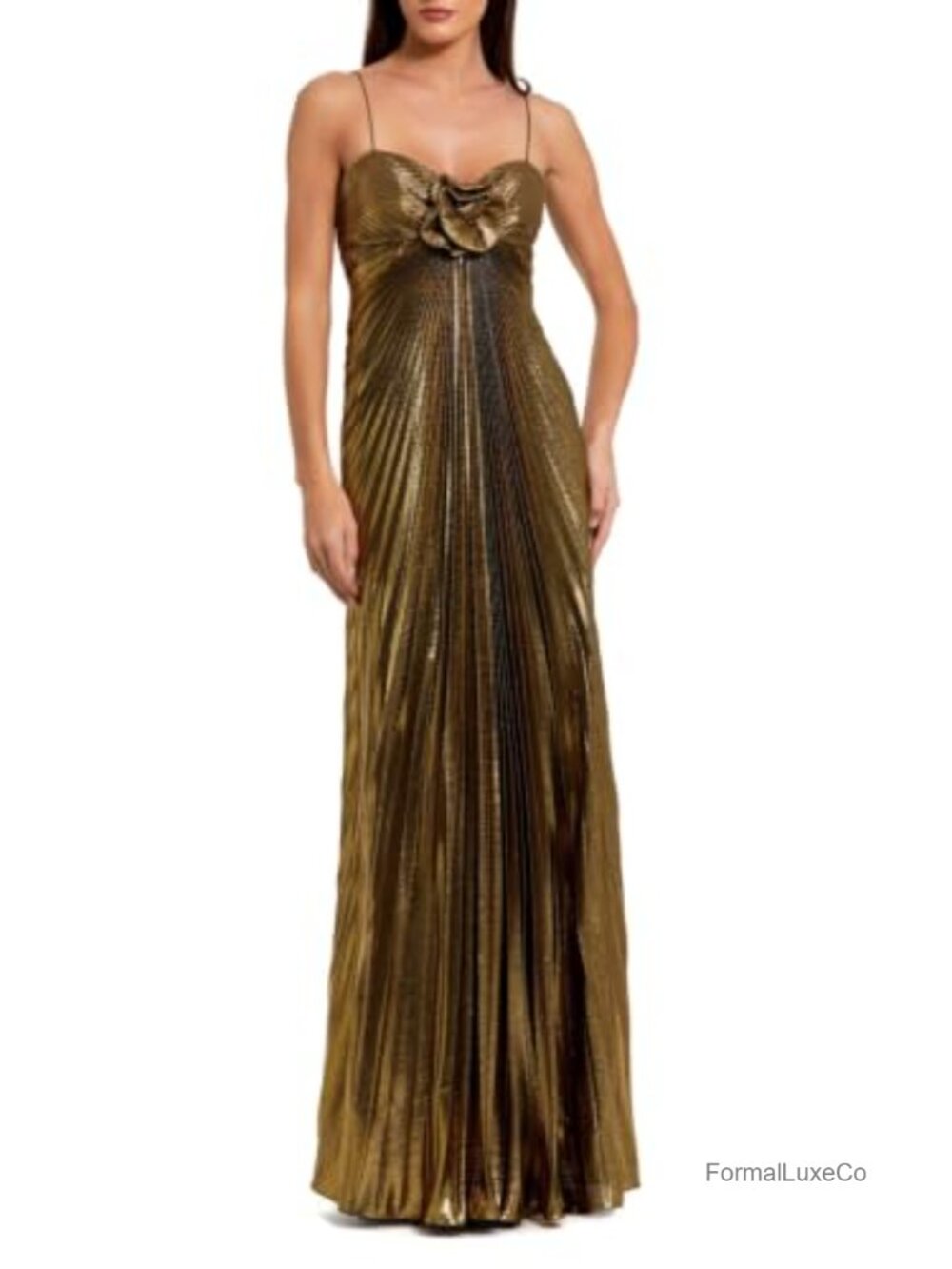 Petite Pleated Metallic Gown with Thin Straps and 3D Floral Detail